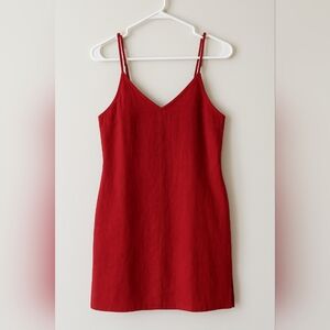 Amazhiyu Red 100% Linen Slip Dress | Adjustable Straps + Hidden Pockets | Size S